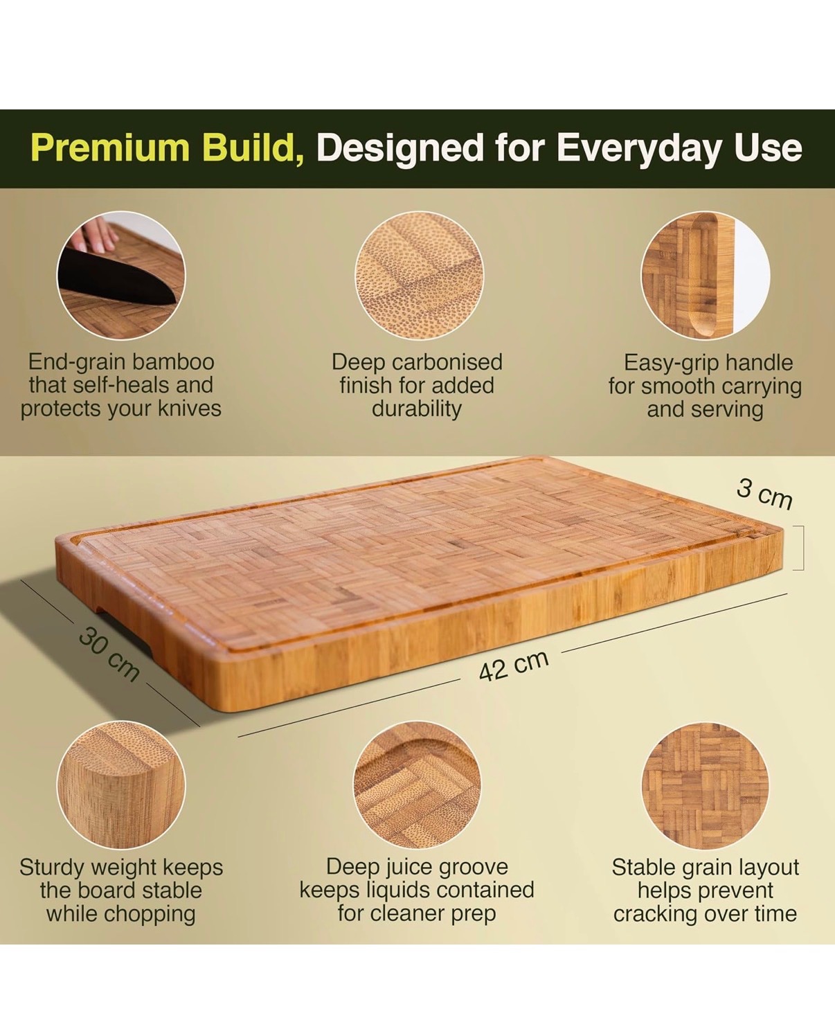 Cactus & Cubby Premium Bamboo Cutting Board. Deluxe Deep Carbonised End Grain Wooden Cutting Board. 16.5" x 11.8". Pre-oiled Butcher Block for Prepping & Serving. Knife Friendly — photo 2